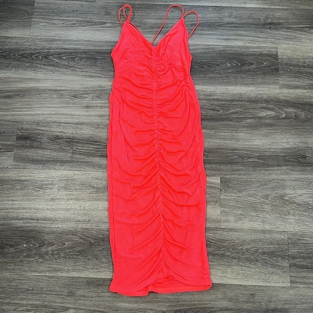 SER.O.YA Ruched Ballor Midi Dress Neon Peach Sexy Bodycon Dreas